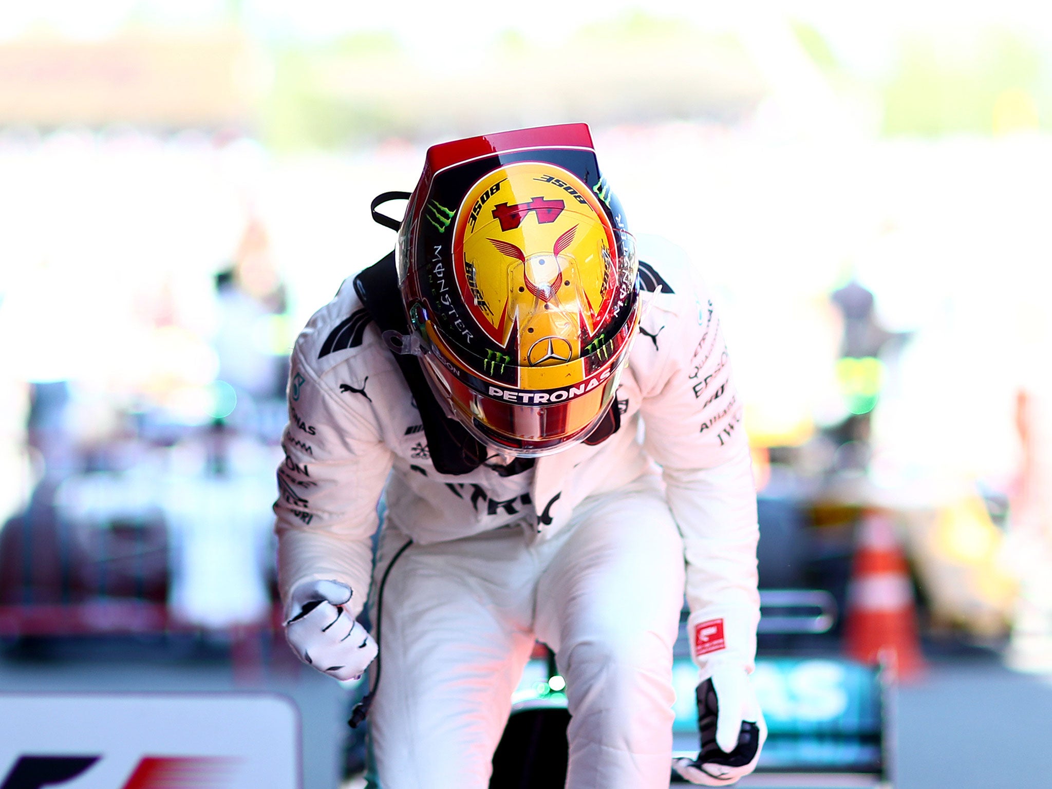 Hamilton celebrates his victory in Barcelona