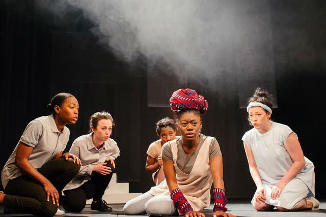 Akiya Henry (centre) as Maddy-Medea with full chorus in the all-female cast of 'Medea' at Bristol Old Vic
