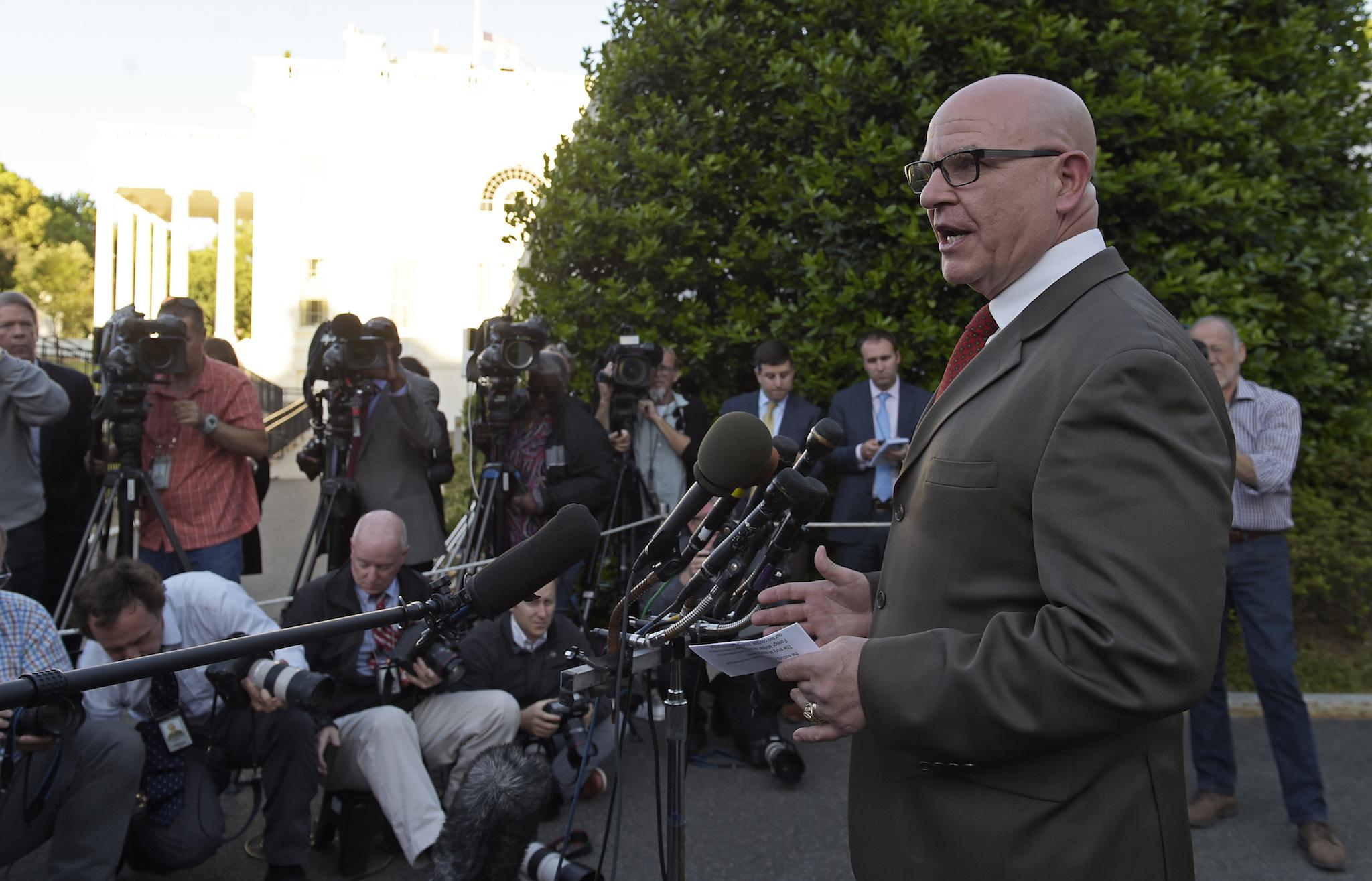 National Security Adviser HR McMaster makes a statement outside the West Wing of the White House.