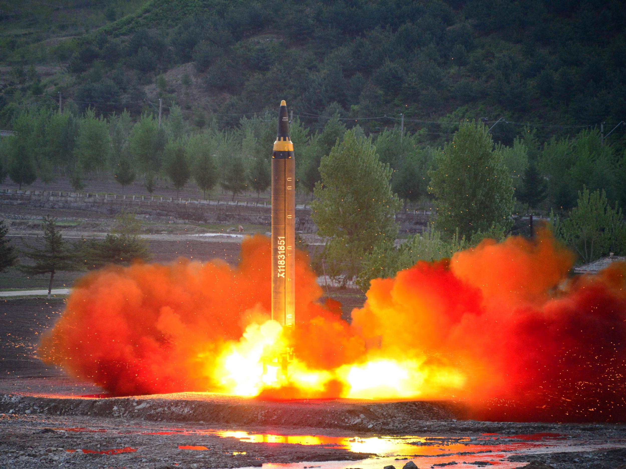 The long-range strategic ballistic rocket Hwasong-12 (Mars-12) is launched during a test