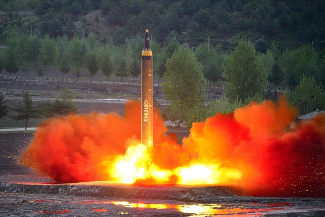 The long-range strategic ballistic rocket Hwasong-12 (Mars-12) is launched during a test