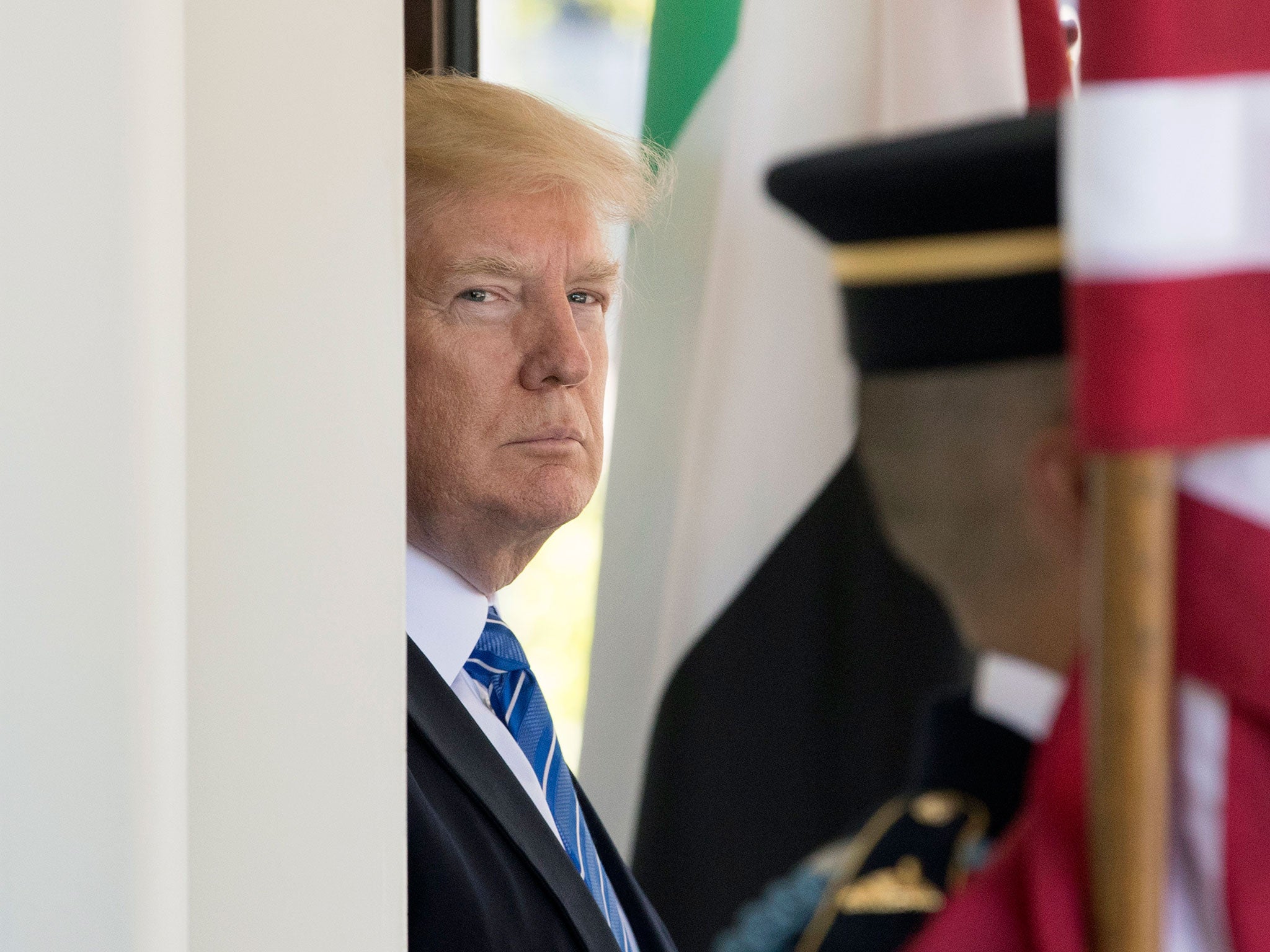 US President Donald Trump waits to welcome Crown Prince of Abu Dhabi Mohammed bin Zayed Al Nuhyan (not pictured), at the West Wing of the White House in Washington, DC, USA, 15 May 2017.