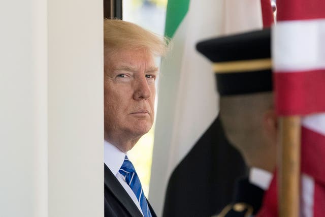 US President Donald Trump waits to welcome Crown Prince of Abu Dhabi Mohammed bin Zayed Al Nuhyan (not pictured), at the West Wing of the White House in Washington, DC, USA, 15 May 2017.
