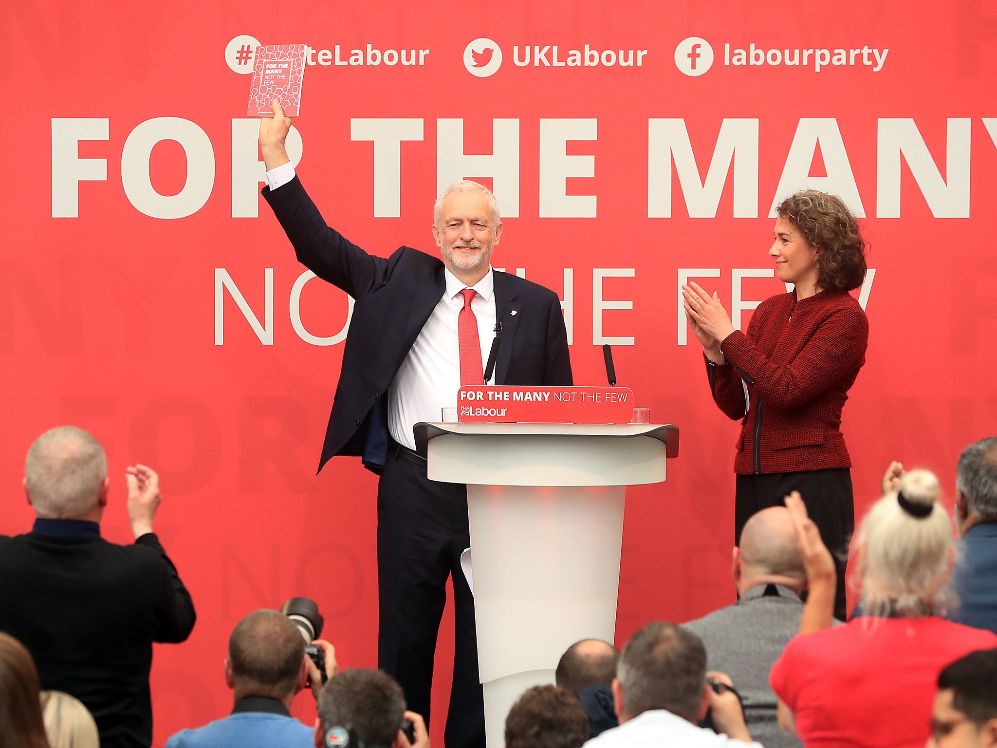 Jeremy Corbyn on stage with Rotherham candidate Sarah Champion, at the launch in Bradford of the Labour Party manifesto for the General Election