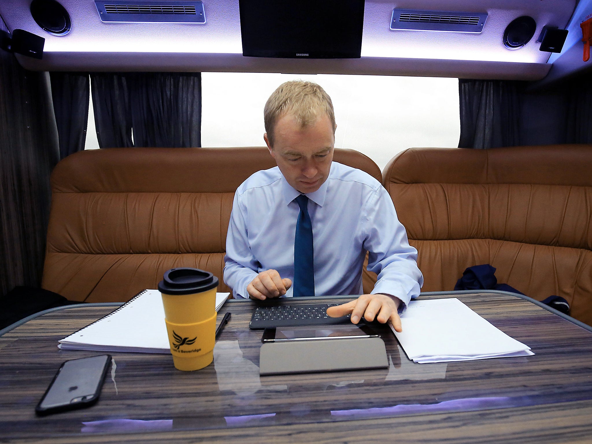 Liberal Democrat leader Tim Farron on board the party battlebus