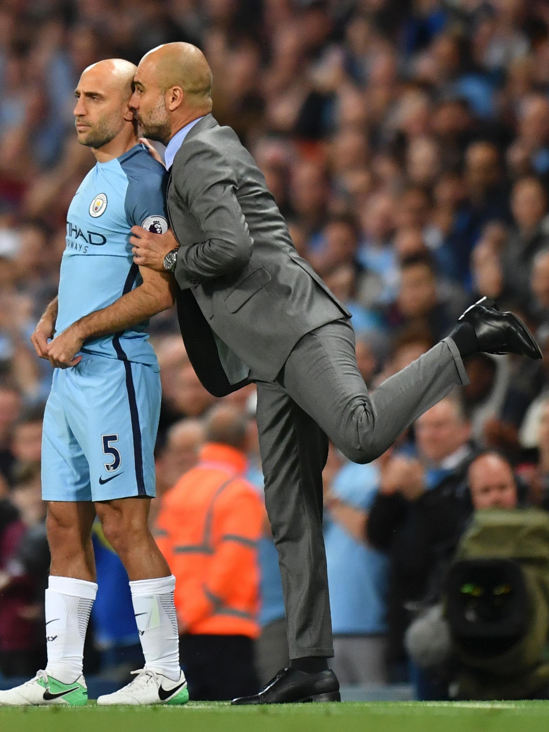 Guardiola sends Zabaleta onto the pitch with a good luck kiss