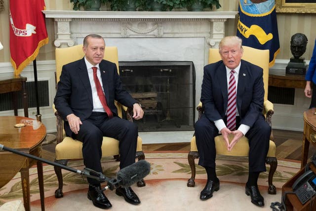 US President Donald Trump (R) and President of Turkey Recep Tayyip Erdogan (L) meet in the Oval Office of the White House on 16 May 2017 in Washington, DC