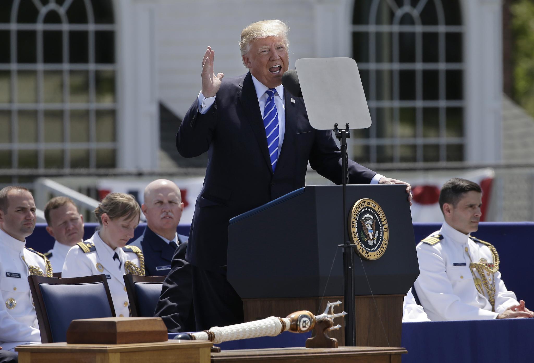 President Donald Trump gives his commencement address at the US Coast Guard Academy