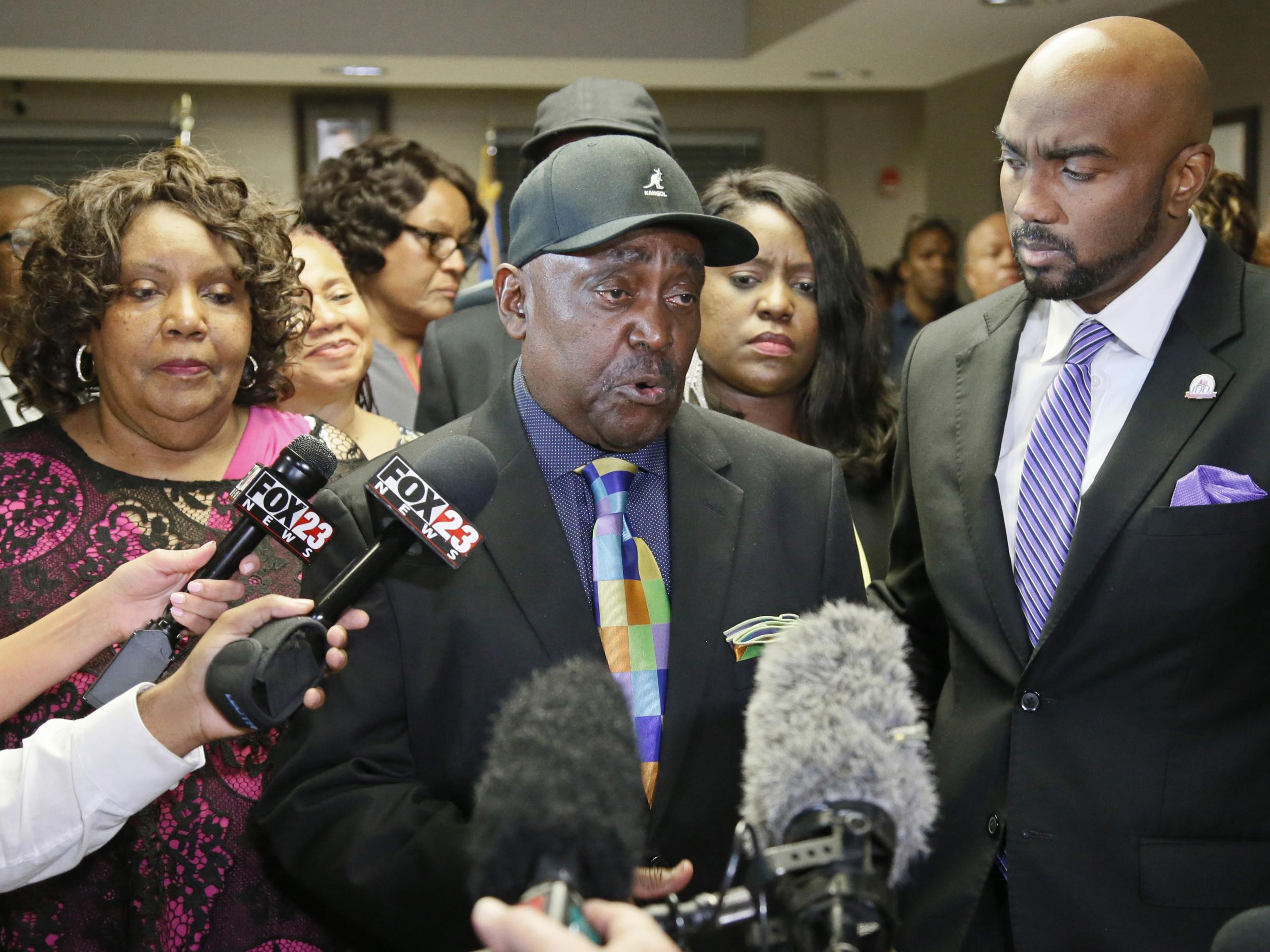 The Reverend Joey Crutcher, father of Terence Crutcher, talks with the media following the verdict in the trial of Betty Shelby in Tulsa