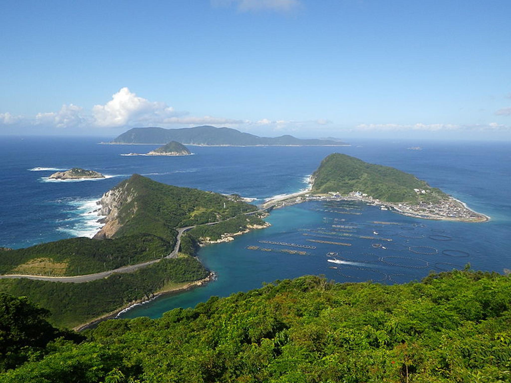 Okinoshima island, seen in the distance behind Kashiwajima islands