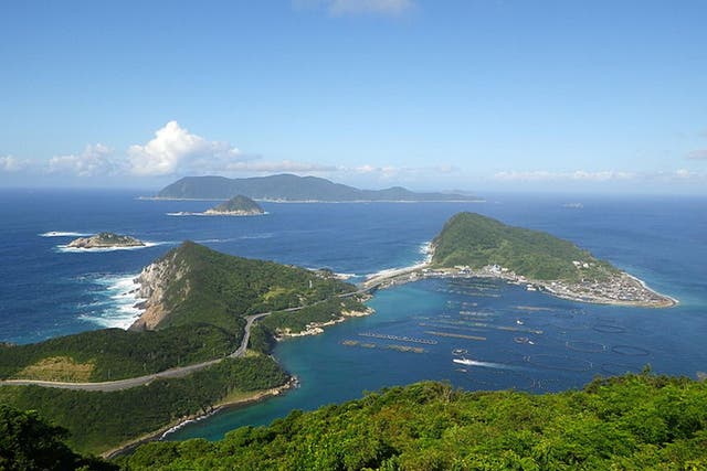 Okinoshima island, seen in the distance behind Kashiwajima islands