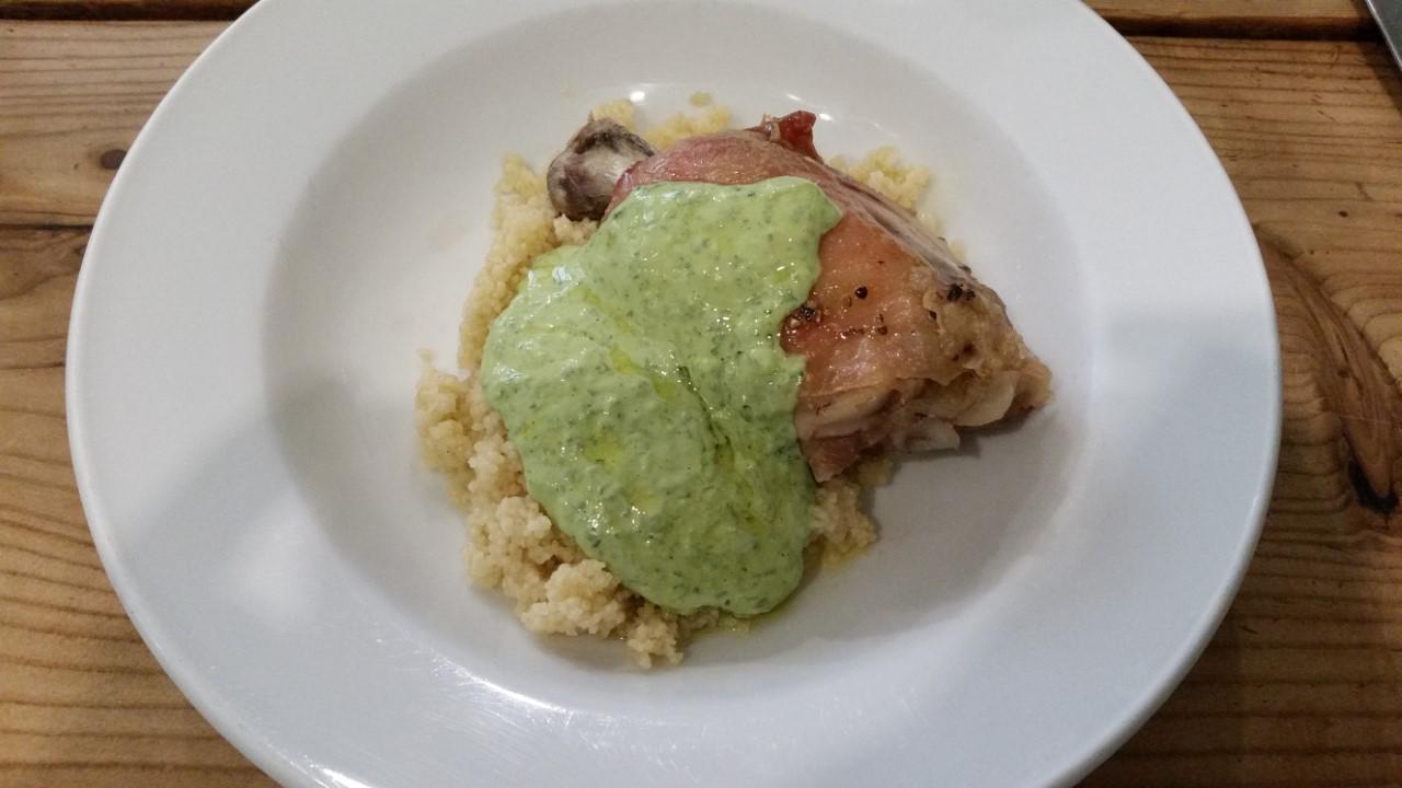 Crispy Chicken, Green Tahini Dressing and Couscous