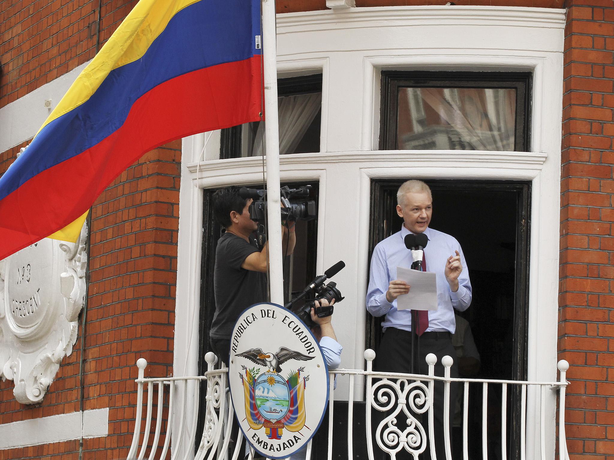 Assange using a balcony of Ecuador’s London embassy in 2012 to berate the US for threatening freedom of expression