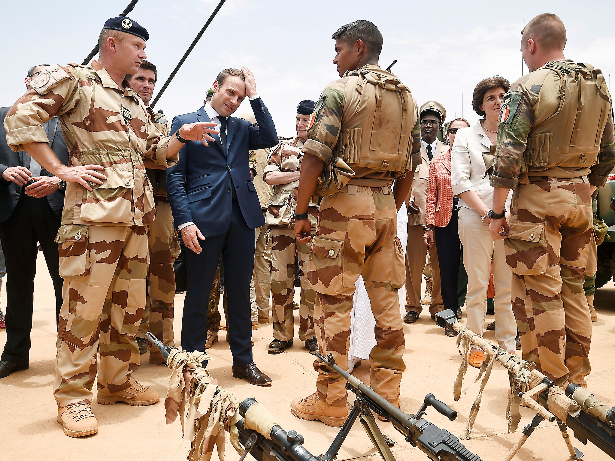 French President Emmanuel Macron, visits soldiers of Operation Barkhane, France's largest overseas military operation, in Gao, Northern Mali,