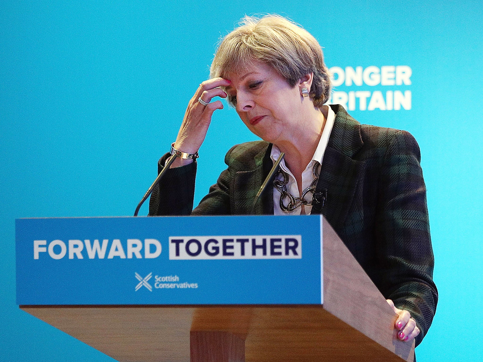 Britain's Prime Minister Theresa May speaks at the launch of the Scottish manifesto by Scottish Conservative leader Ruth Davidson in Edinburgh
