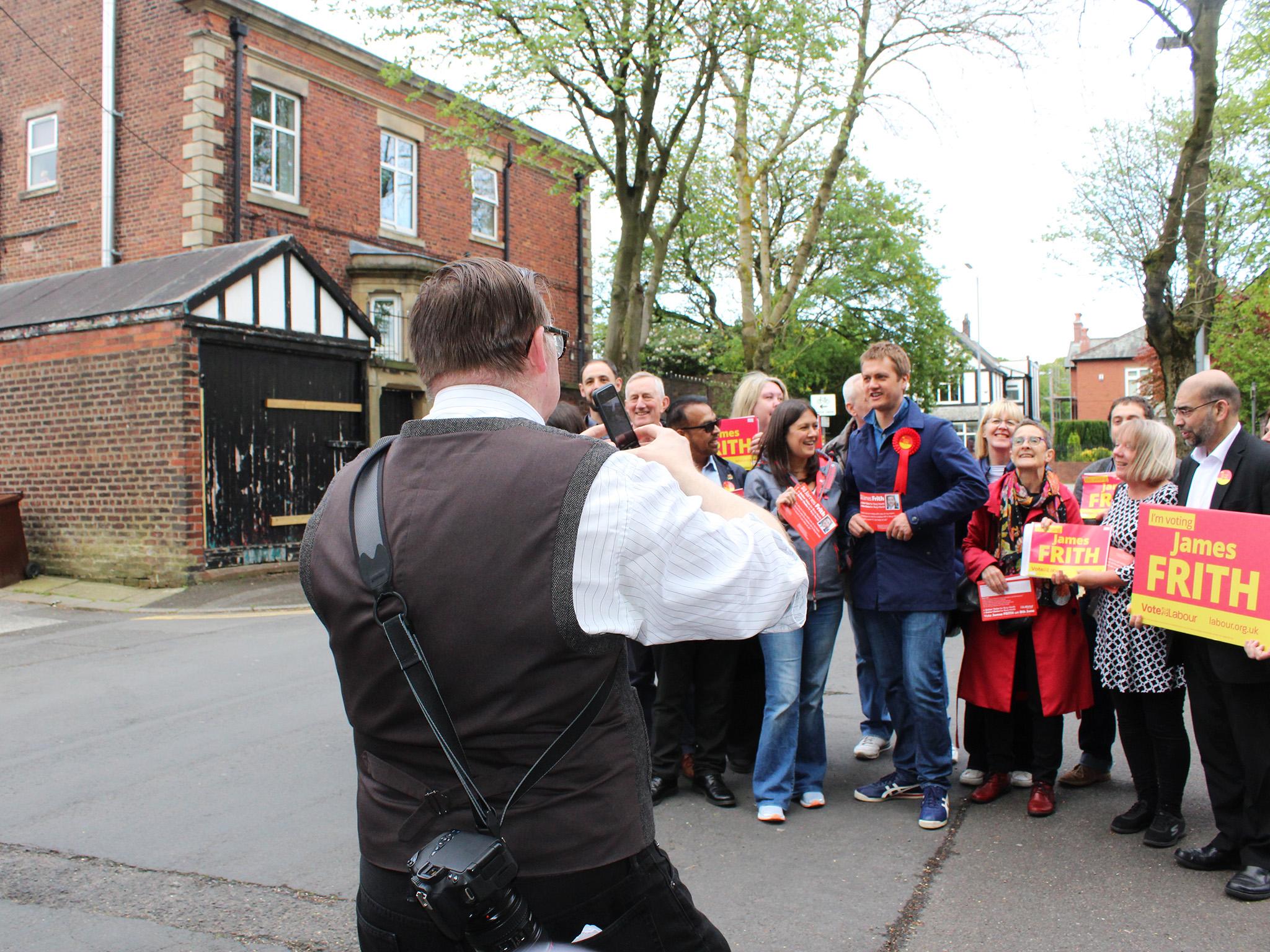 &#13;
Labour campaigners pose for photographs after a leafleting session in Bury &#13;