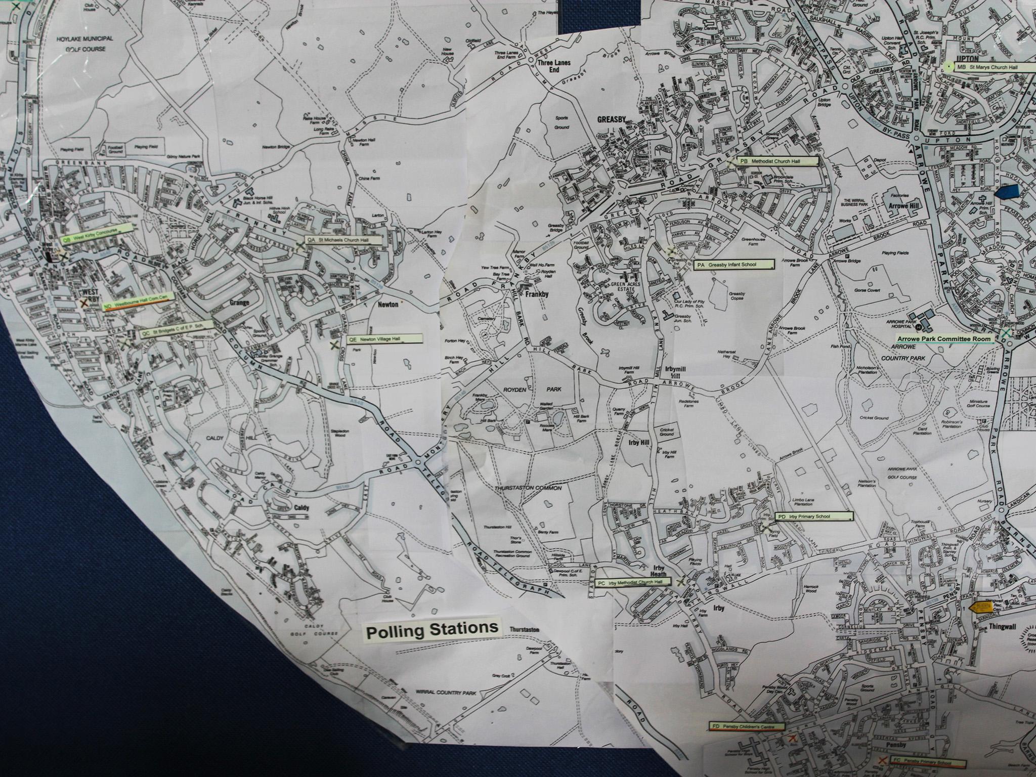 &#13;
A map of polling stations seen at the Conservative party headquarters, Royal Liverpool Golf Course &#13;