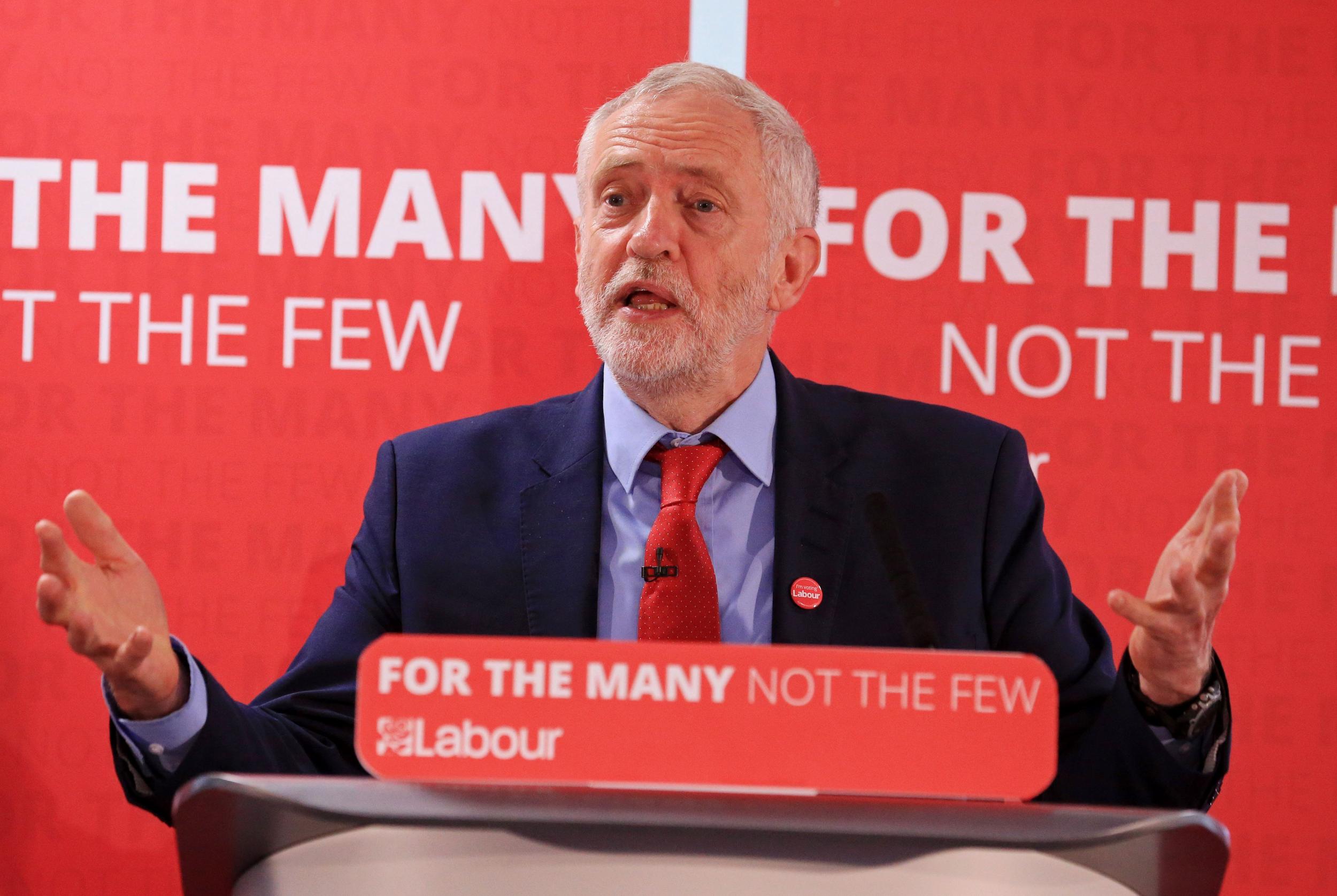 Britain's opposition Labour Party Leader Jeremy Corbyn delivers a speech to supporters at Peterborough Football Club/