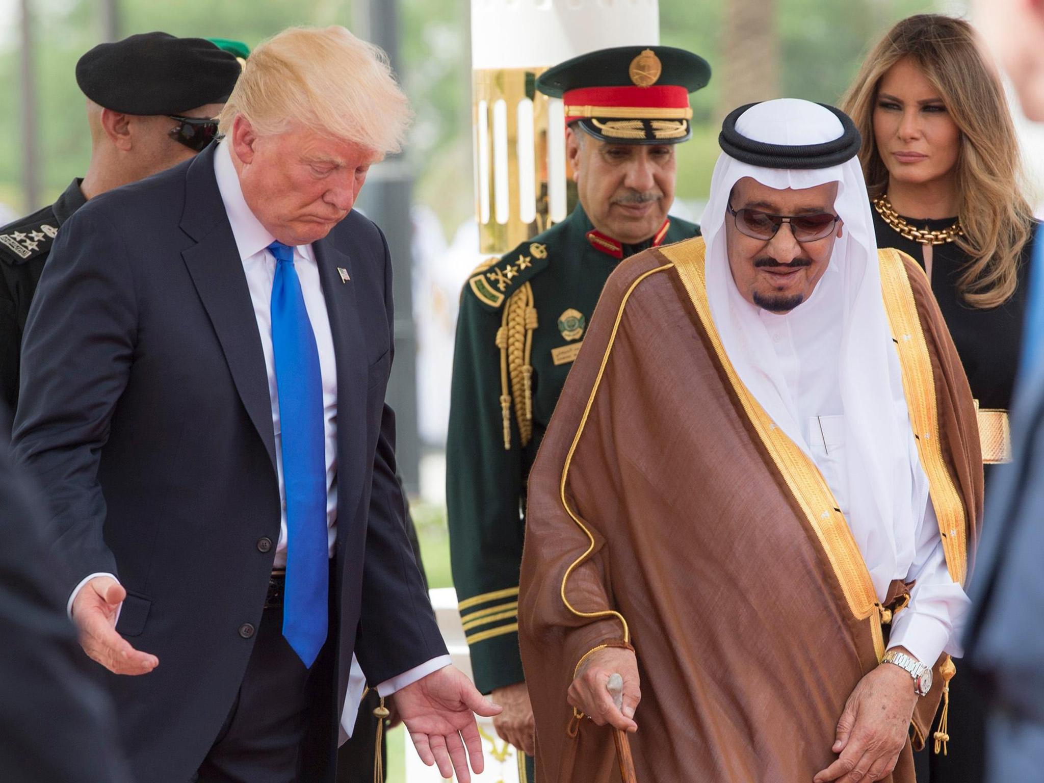 Saudi Arabia's King Salman bin Abdulaziz Al Saud welcoming US President Donald J. Trump and US first lady Melania Trump, at the Royal Terminal of King Khalid International Airport.
