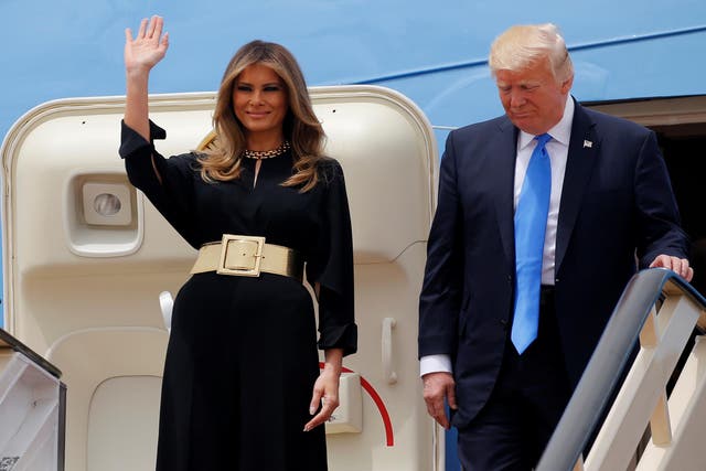 Melania Trump waves to crowds after arriving in Saudi Arabia
