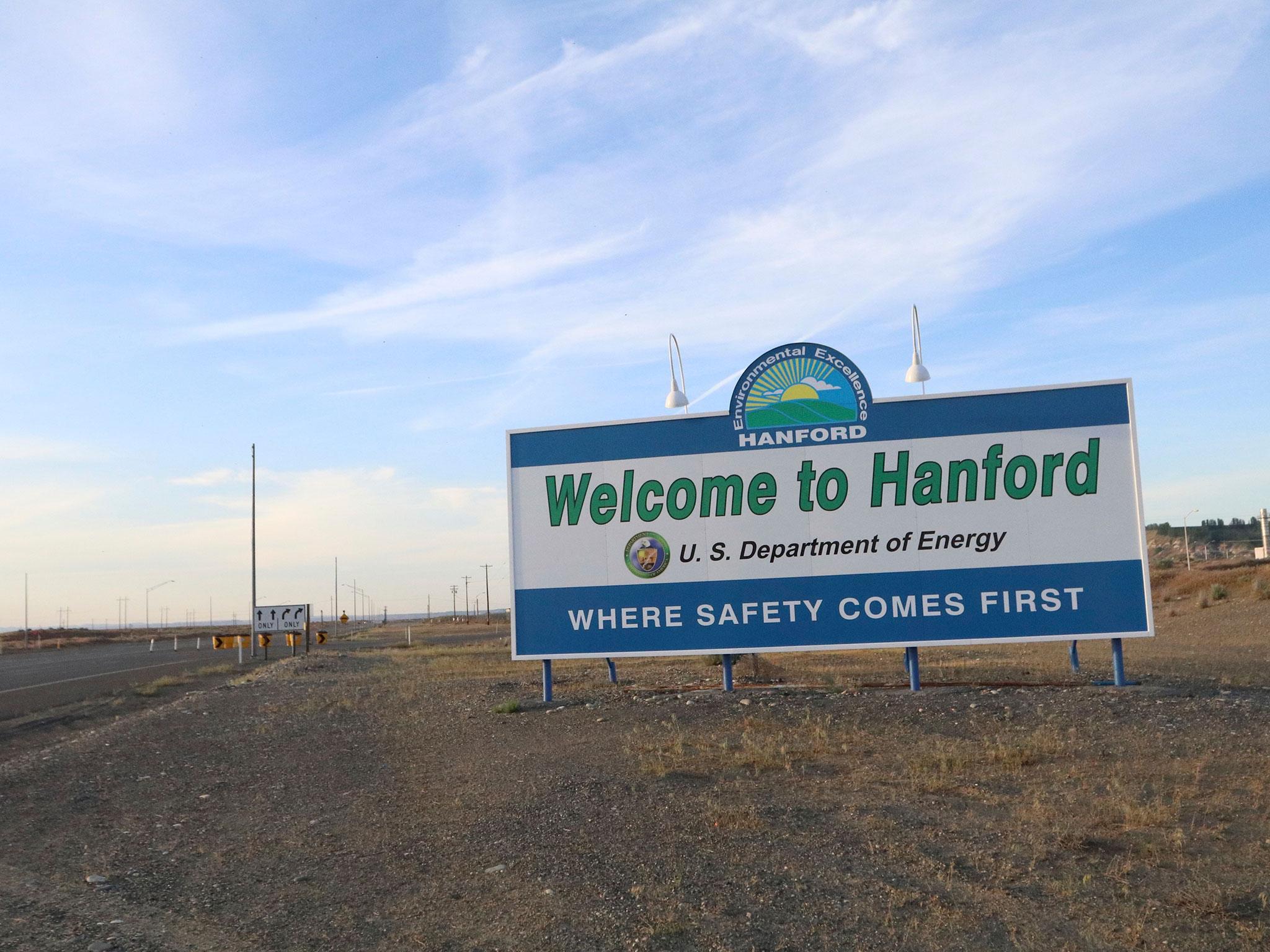 A sign welcomes drivers to Hanford Nuclear Reservation in Benton County/