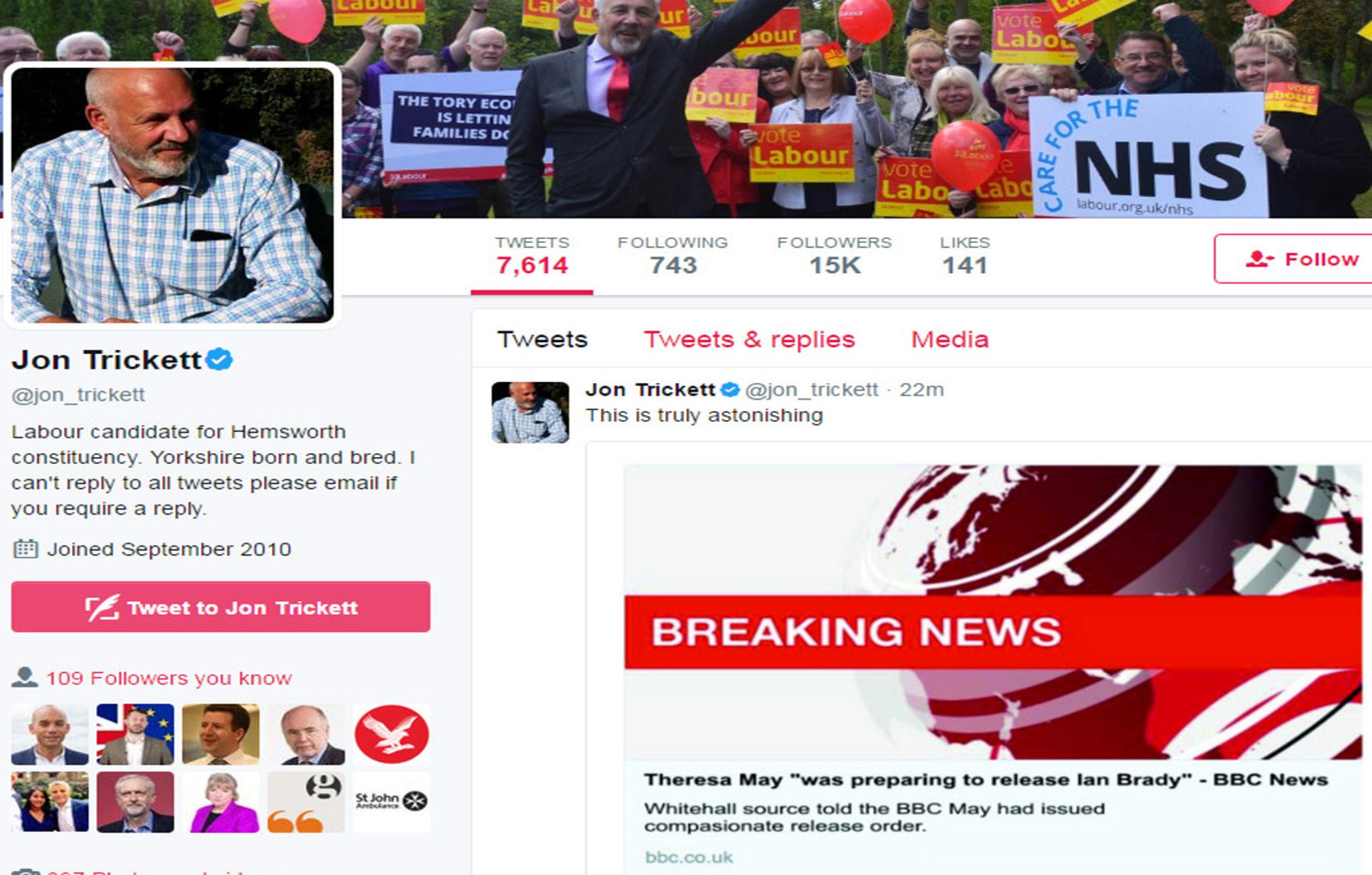 Jon Trickett shared the post with more than 15,000 followers