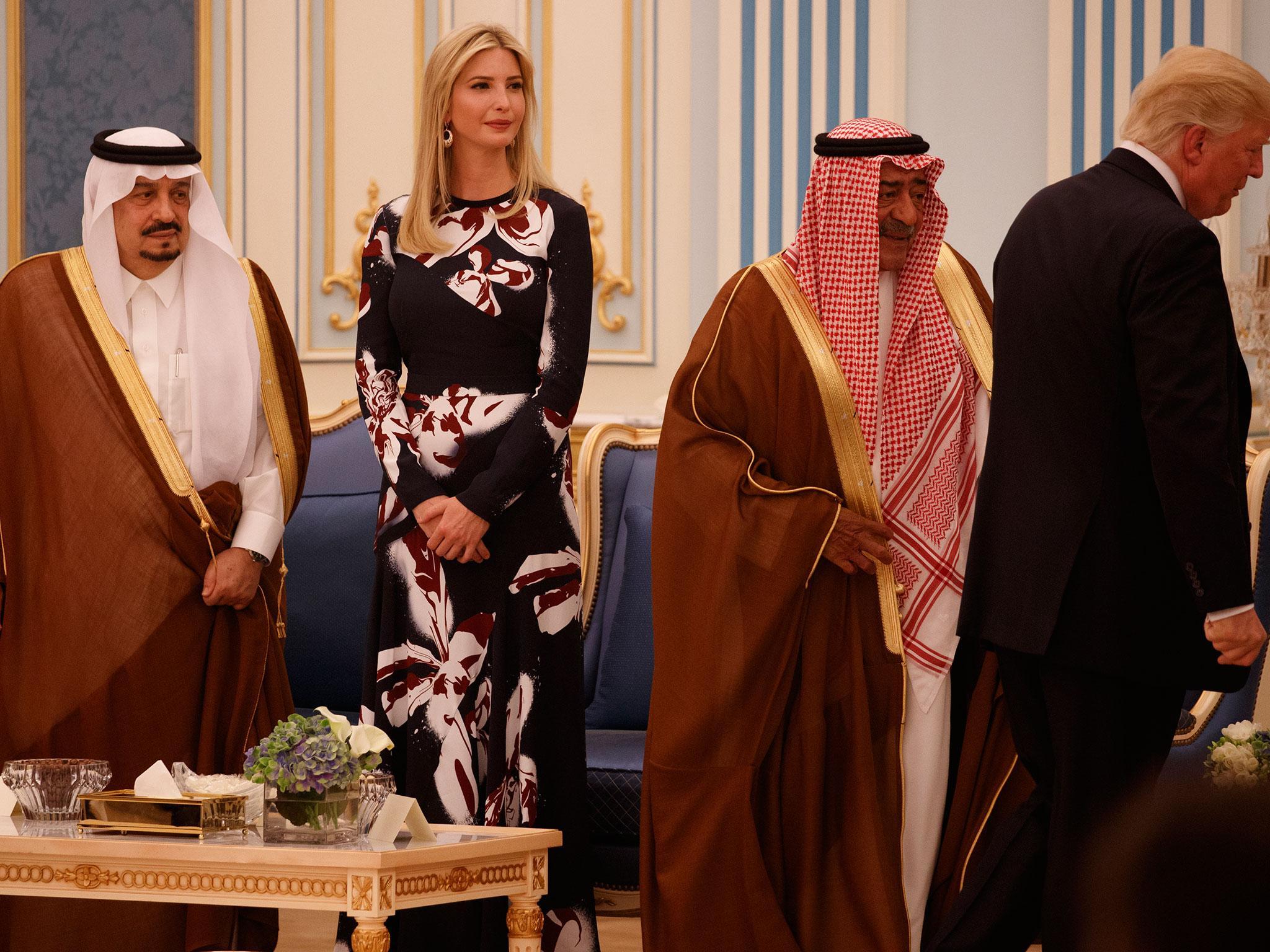 Ivanka Trump with Salman bin Abdulaziz al-Saud (left) her father (far right) at the Saudi Royal Court in Riyadh/