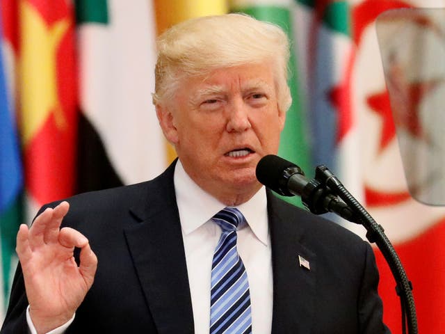President Donald Trump delivers a speech during Arab-Islamic-American Summit in Riyadh, Saudi Arabia