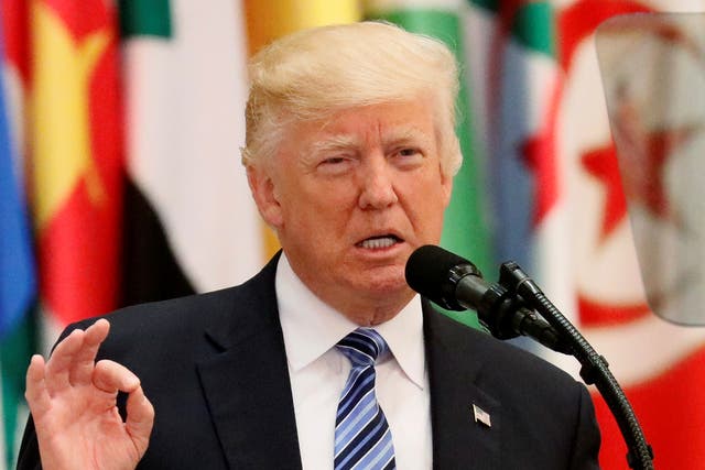President Donald Trump delivers a speech during Arab-Islamic-American Summit in Riyadh, Saudi Arabia