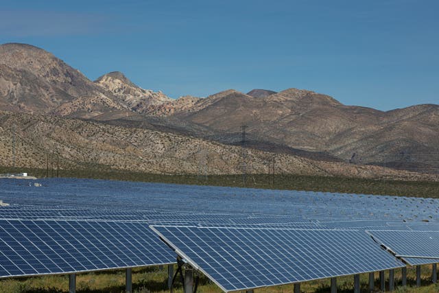 The large Barren Ridge solar panel array viewed from Highway 58 in California's Mojave Desert