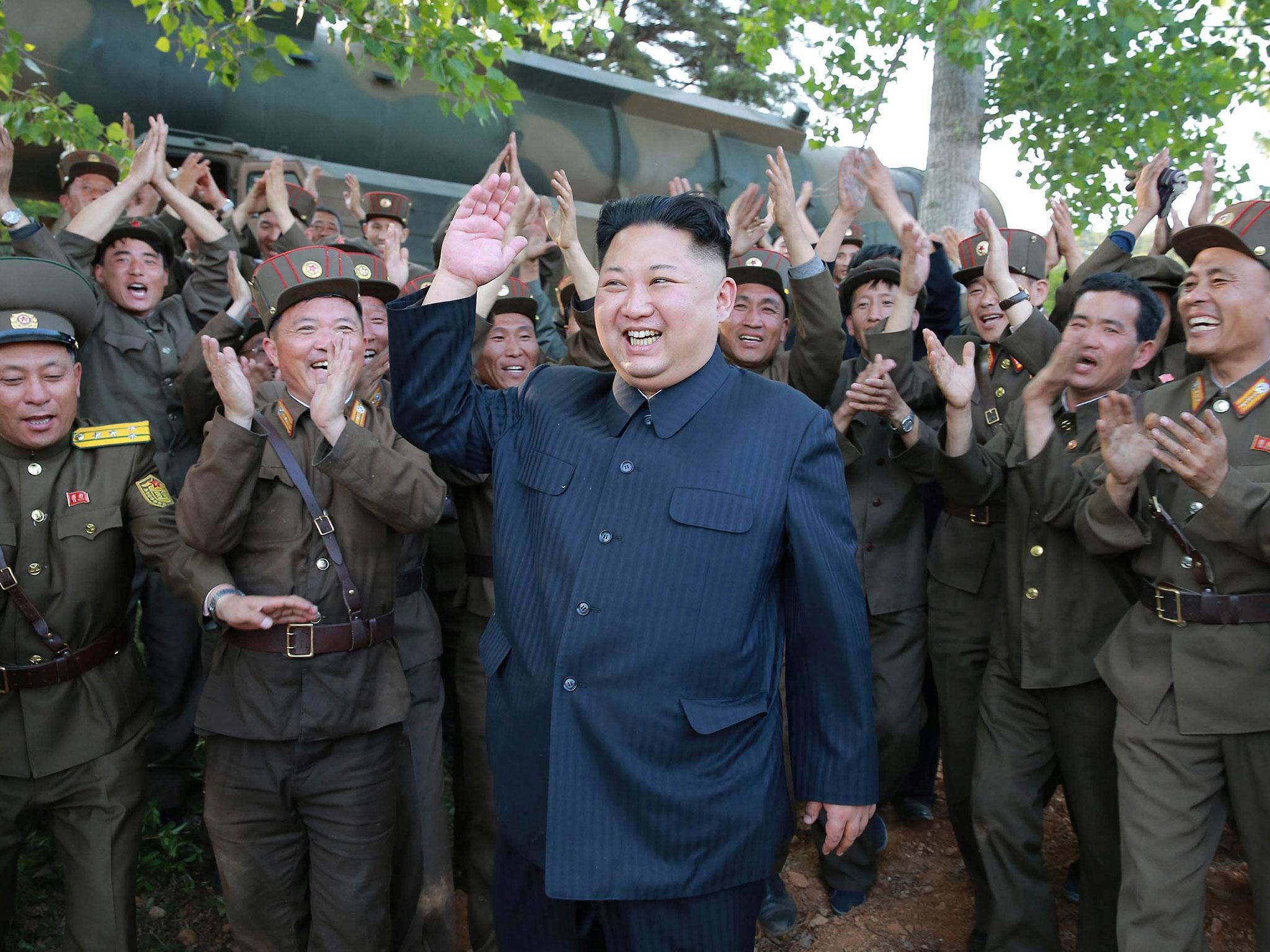 North Korean dictator Kim Jong-un inspects the medium-range ballistic missile Pukguksong-2's launch test