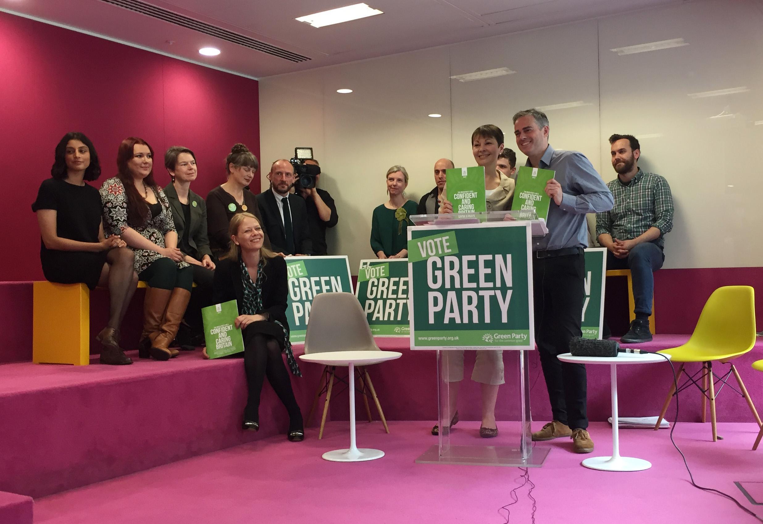 Green Party co-leaders Caroline Lucas and Jonathan Bartley launch the party's ‘Green Guarantee’, setting out the key priorities for MPs elected to Parliament, at Wayra Offices in London