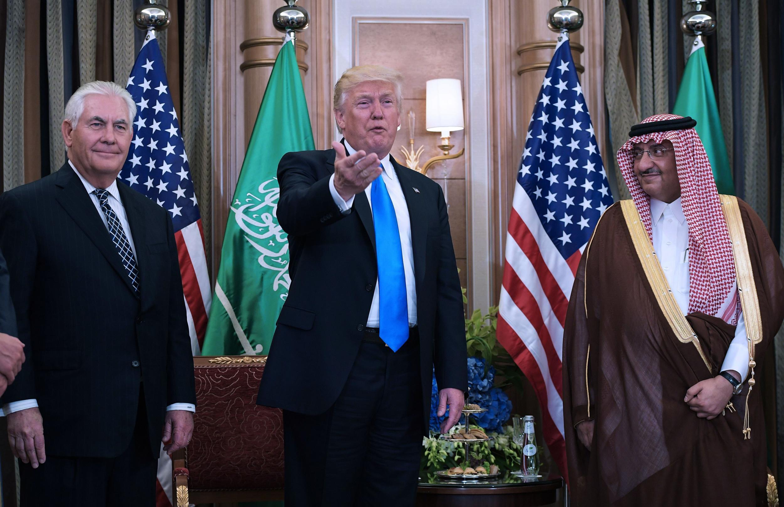 Donald Trump, US Secretary of State Rex Tillerson, and Saudi Crown Prince Muhammad bin Nayif bin Abdulaziz al-Saud take part in a bilateral meeting at a hotel in Riyadh, Saudi Arabia