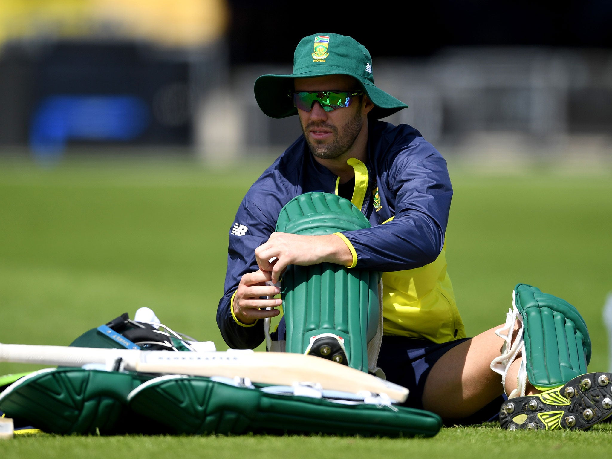 AB de Villiers waits to bat during a nets session at Headingley