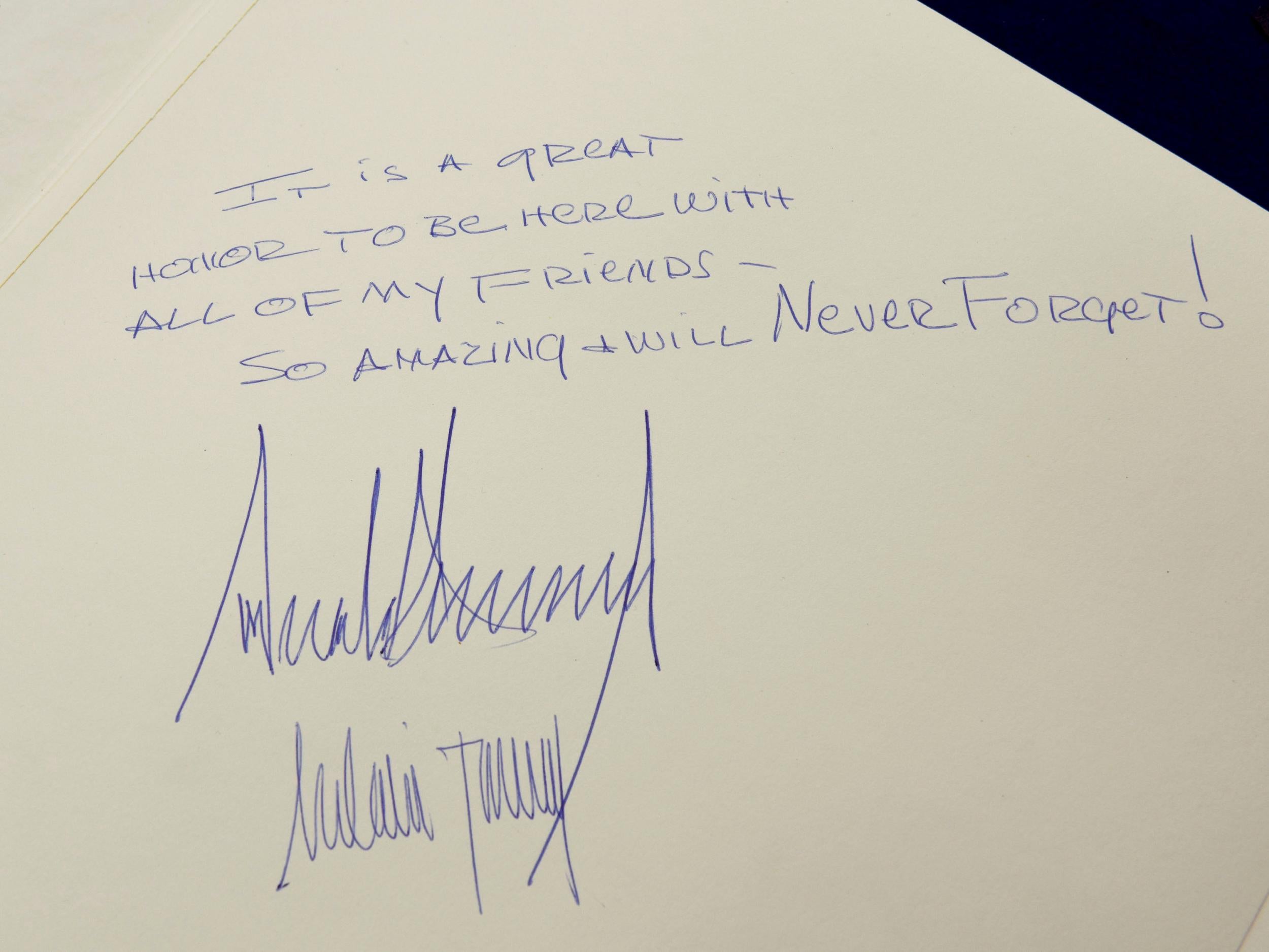 The message written by US President Donald Trump and his wife Melania at the Yad Vashem Holocaust Museum guestbook in Jerusalem on 23 May 2017