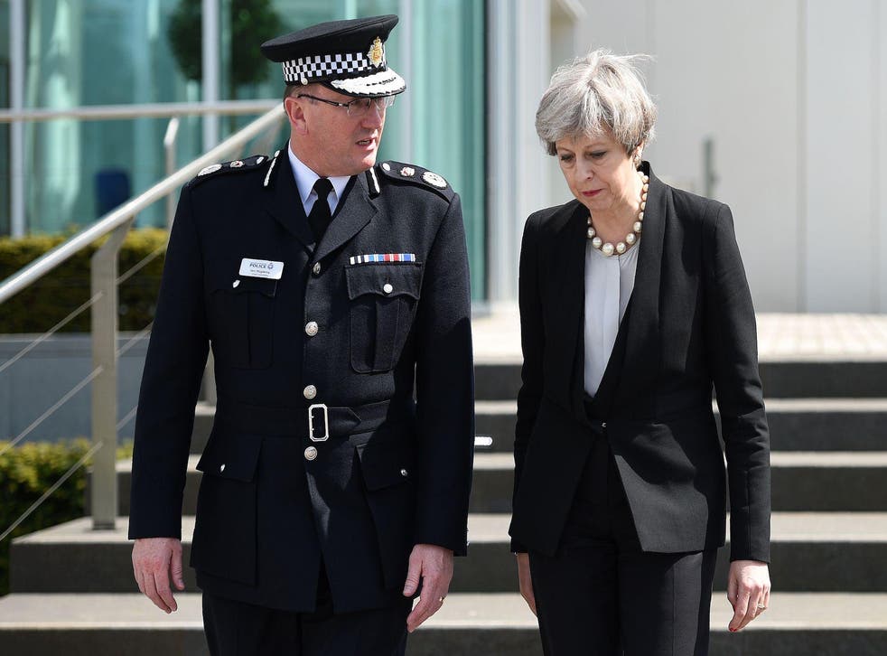Theresa May and the Chief Constable of Greater Manchester, Ian Hopkins, after meeting in Manchester to discuss the terror attack in the city