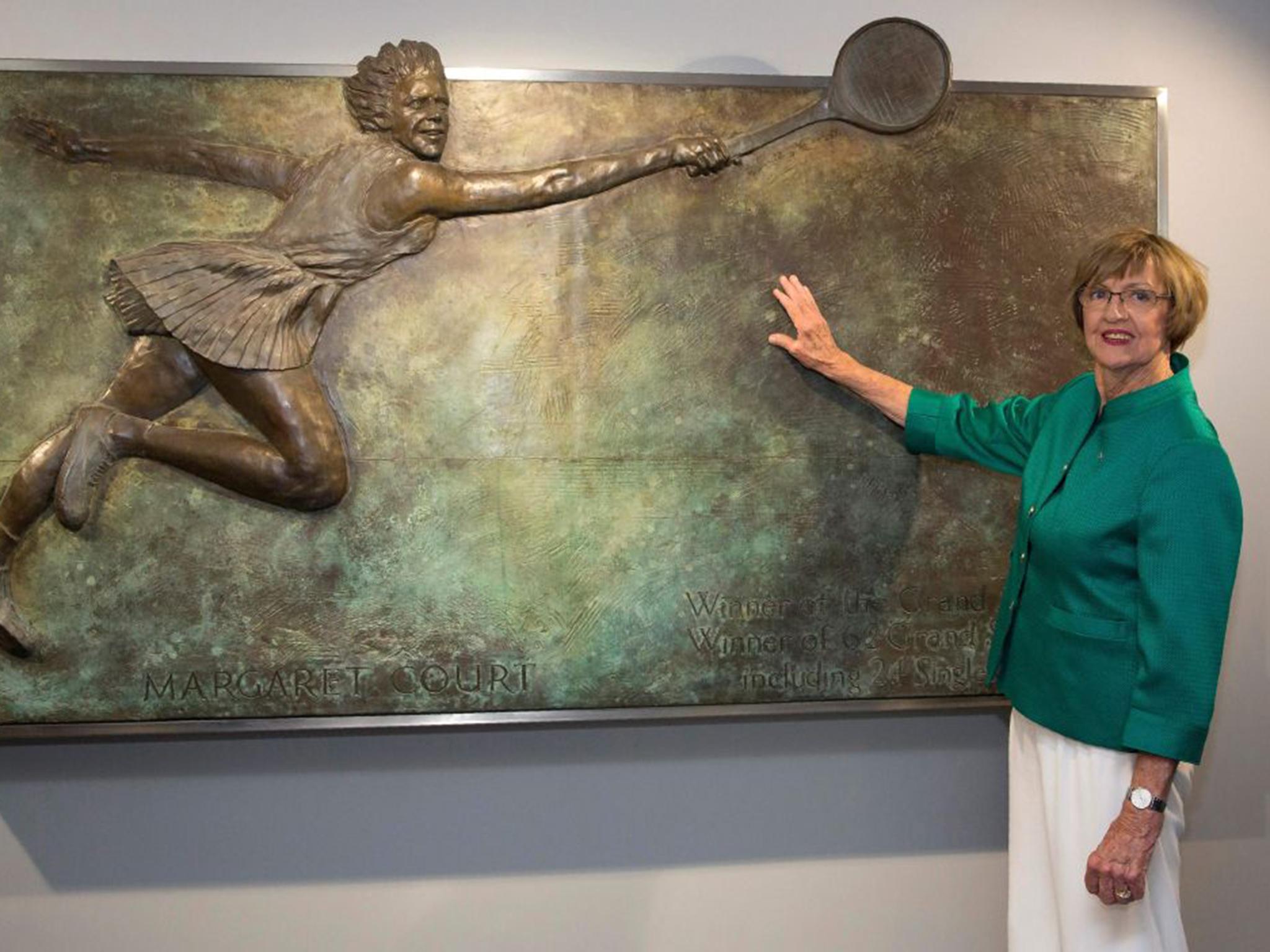 Margaret Court posing at an the opening ceremony of the Margaret Court Arena at the 2015 Australian Open tennis tournament in Melbourne
