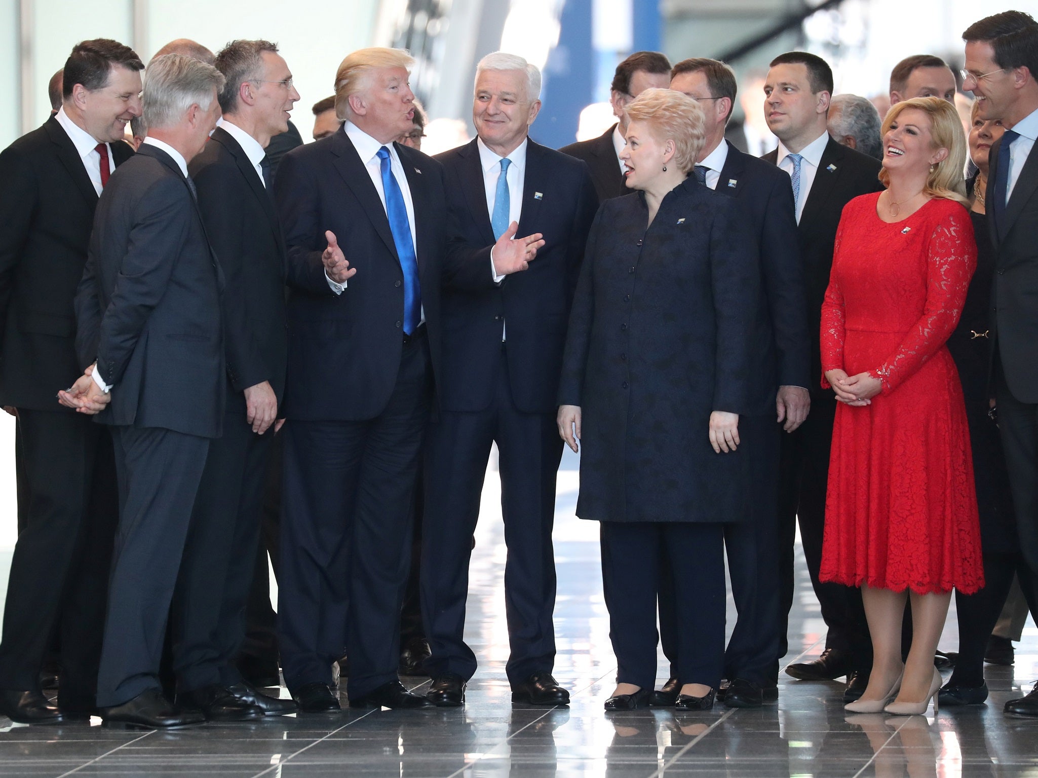 Montenegro's Prime Minister Dusko Markovic is seen to the right of Donald Trump at a Nato summit in Brussels