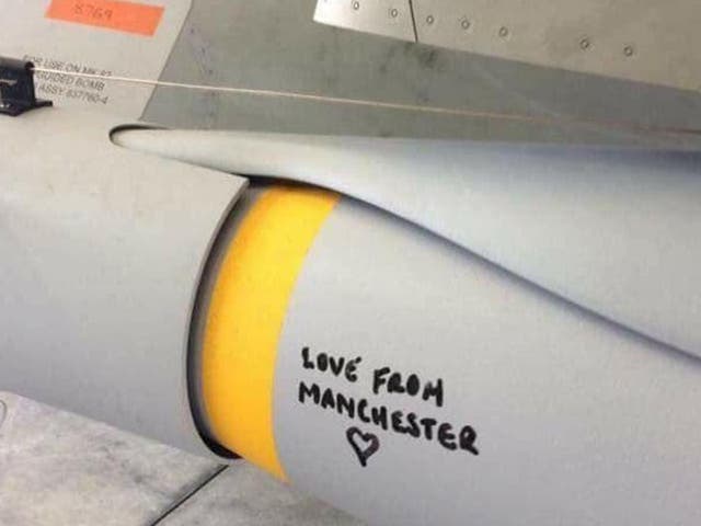 The photograph of the message on a laser-guided Paveway missile was confirmed genuine by the Royal Air Force