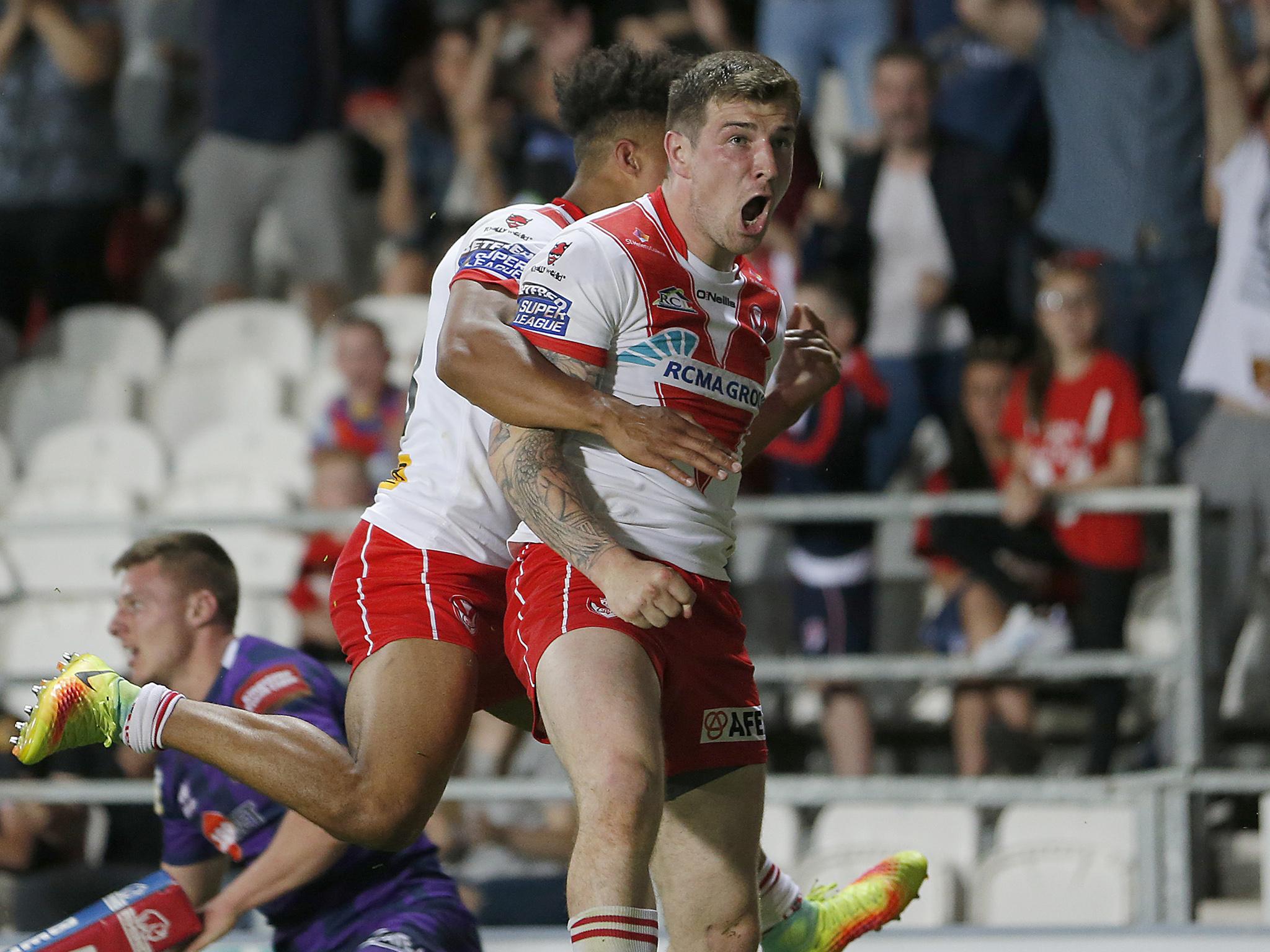 Mark Percival's late try completed St Helens comeback after they trailed at half-time