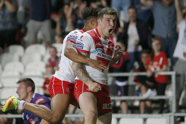 Mark Percival's late try completed St Helens comeback after they trailed at half-time