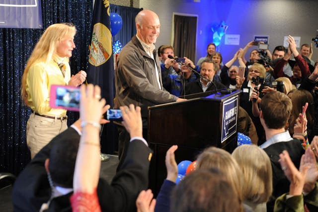 Representative-elect Greg Gianforte gives his victory speech in Bozeman, Montana