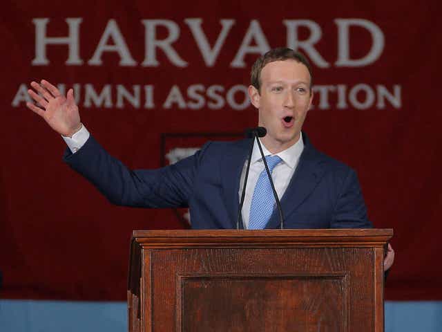 Facebook founder Mark Zuckerberg speaks during the Alumni Exercises following the 366th Commencement Exercises at Harvard University in Cambridge, Massachusetts