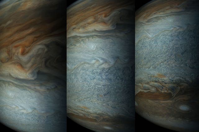 Once every 53 days the Juno spacecraft swings close to Jupiter, speeding over its clouds