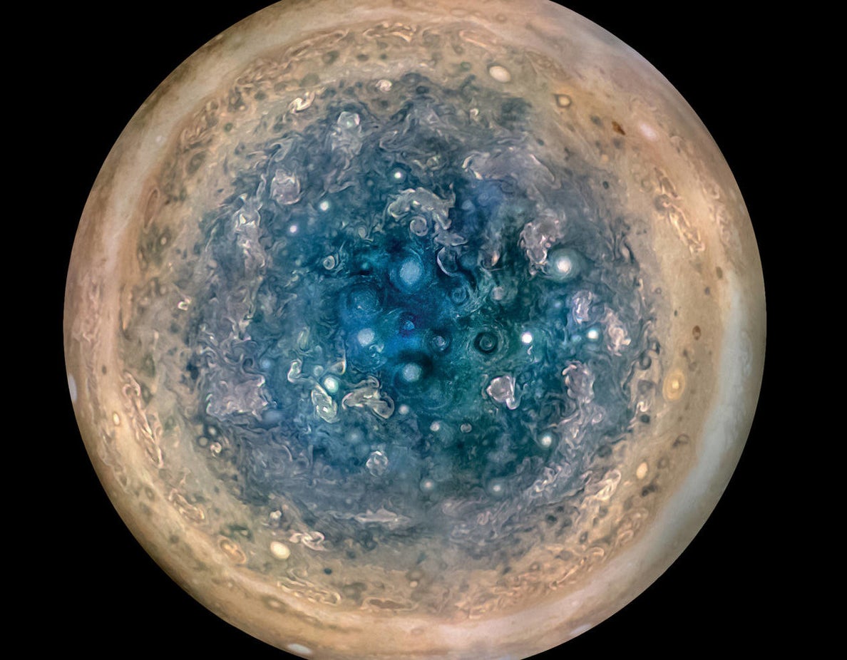 New close-up of Jupiter’s south pole. The oval features are cyclones