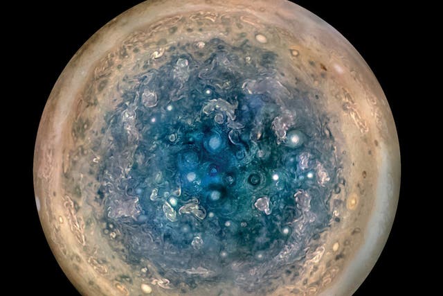 New close-up of Jupiter’s south pole. The oval features are cyclones