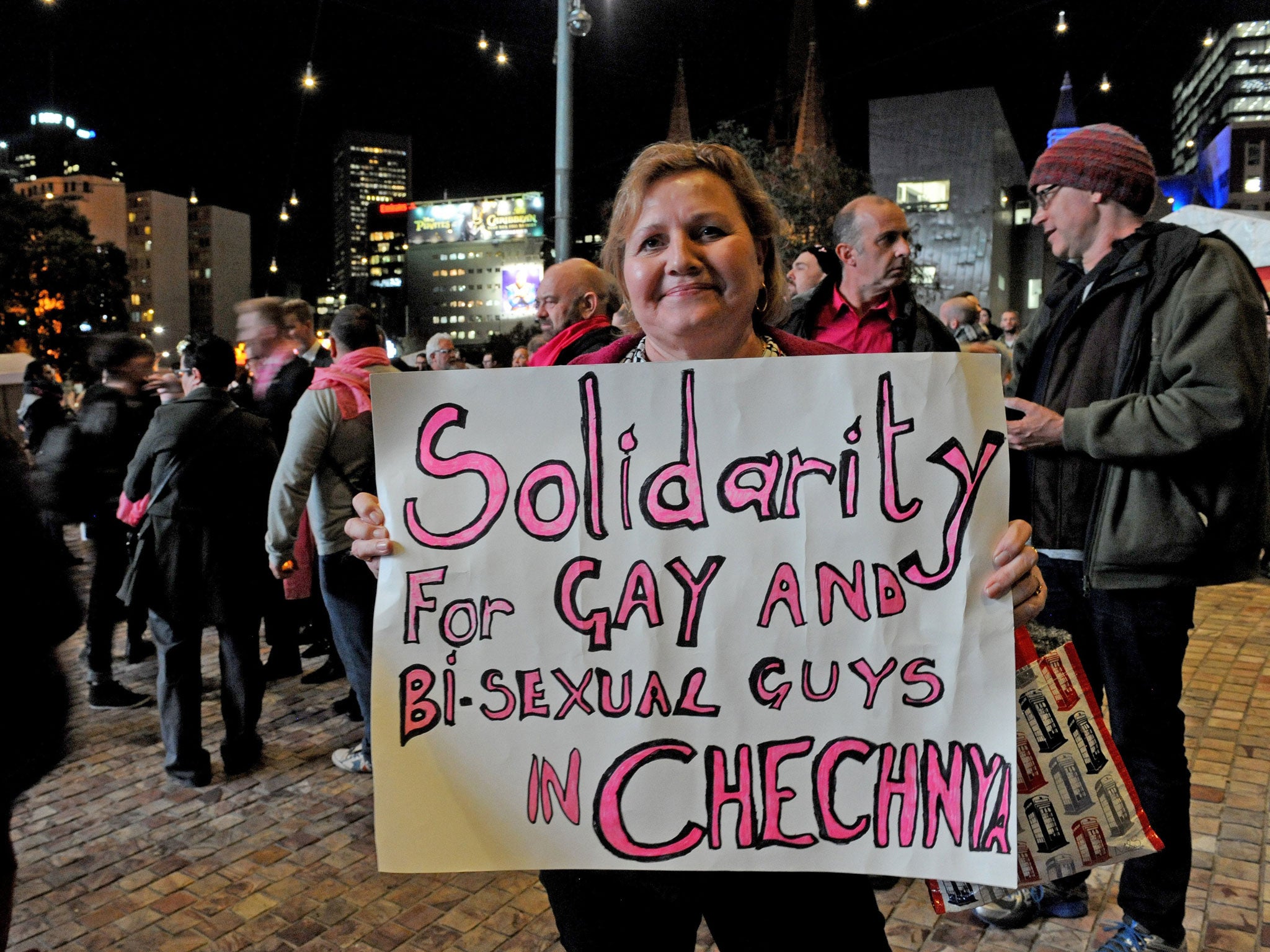 Activists in Melbourne, Australia, stand in solidarity with gay and bisexual men being abducted, tortured, and in some instances killed in Chechnya