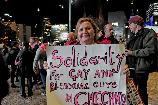 Activists in Melbourne, Australia, stand in solidarity with gay and bisexual men being abducted, tortured, and in some instances killed in Chechnya