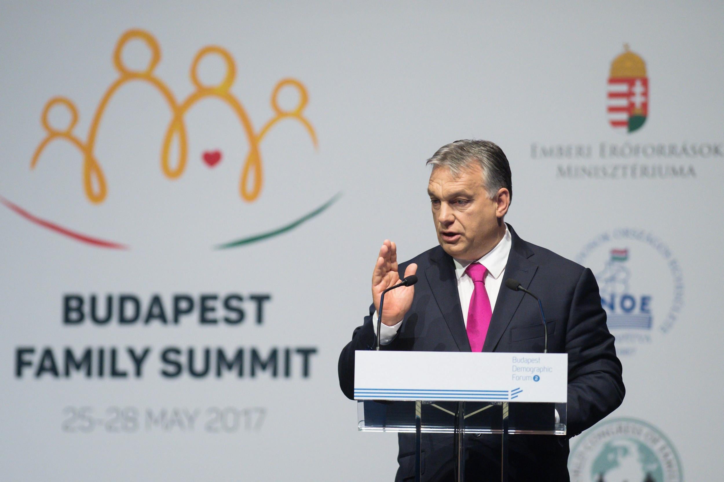 Hungarian Prime Minister Viktor Orban delivers a speech during the Demographic Forum of the Budapest Family