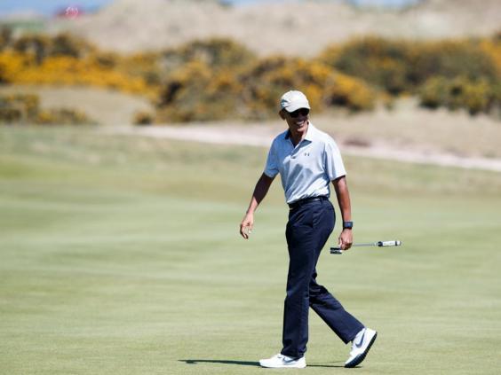 Barack Obama enjoyed a round of golf at St Andrews Thursday during his first visit to Scotland